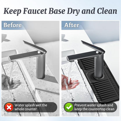 PoYang 24 Inch Faucet Mat for Kitchen Sink Splash Guard, Silicone, Black | Sink Protectors with 7° Slope for Smooth Drainage, Snap Button Holds It in Place, 90° Foldable & Cuttable Hole Fit Most Sinks