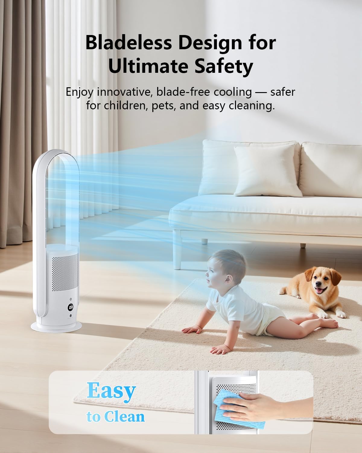 ULTTY Bladeless Tower Fan and Air Purifier Combo, Quiet Oscillating Fan with Remote & Touch Control, 9 Speeds, 8H Timer, HEPA Air Filter, Safe Floor Fan for Bedroom Home Office Black, 23.5"inch