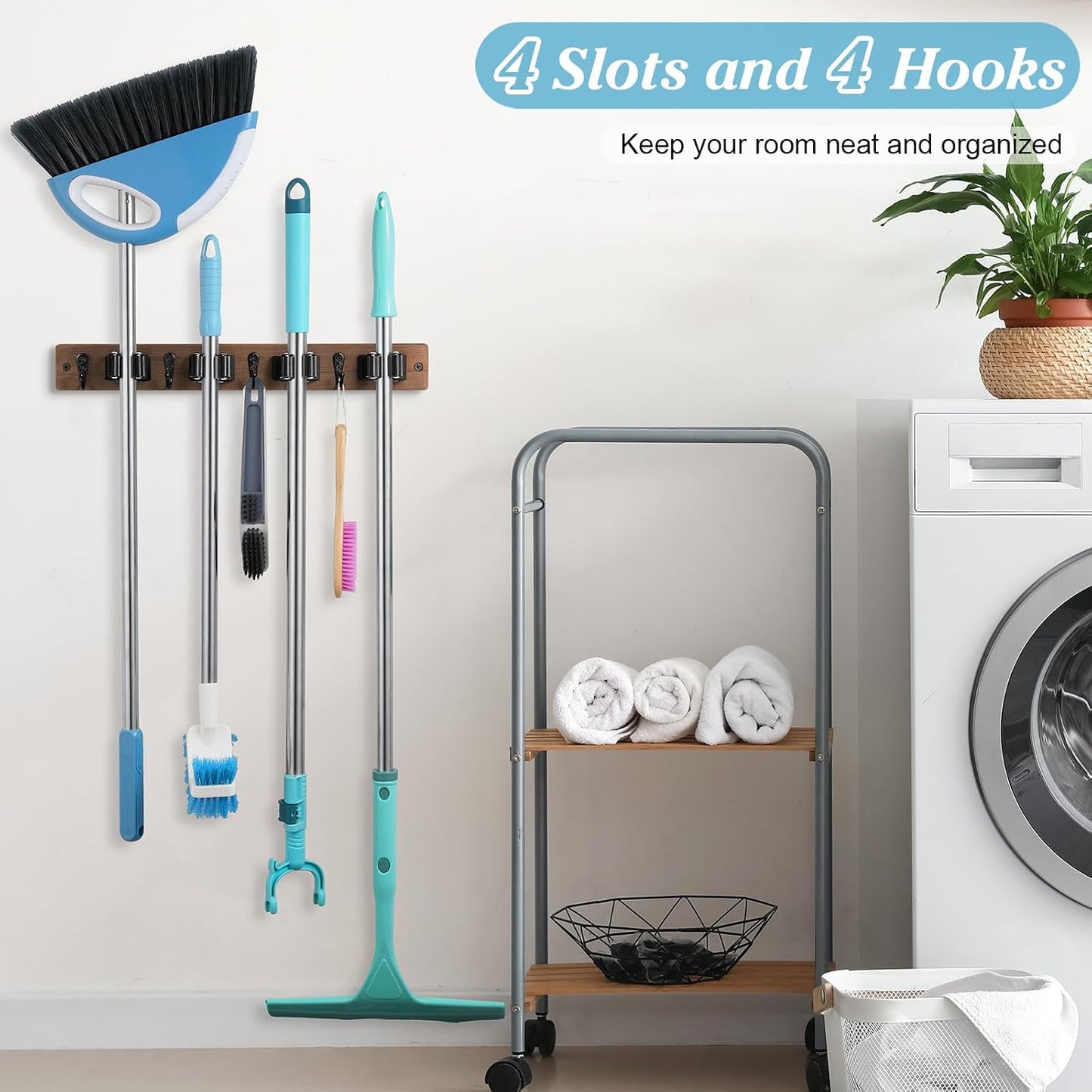 White Broom Holder Wall Mount - Heavy Duty Wood Mop and Broom Organizer with 5 Slots & 4 Hooks - Garden Tool Hanger for Laundry Room Closet Kitchen Garage Storage and Organization - Modern Home Decor