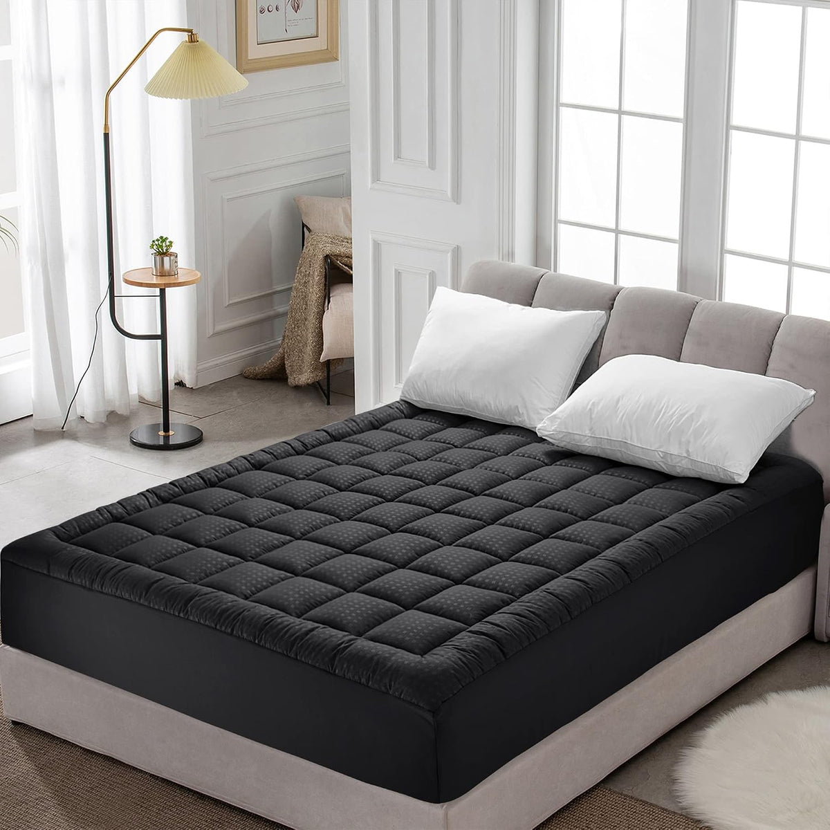 HYLEORY Queen Mattress Pad Quilted Fitted Mattress Protector Cooling Pillow Top Mattress Cover Breathable Fluffy Soft Mattress Topper with 8-21" Deep Pocket, Dark Grey