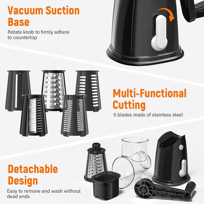 Rotary Cheese Grater Hand Crank with 5 Interchangeable Blades, Vegetable Slicer Chopper for Fruit Vegetable Nuts, Mandoline Slicer for Kitchen with Blades Rack & Suction Base, White