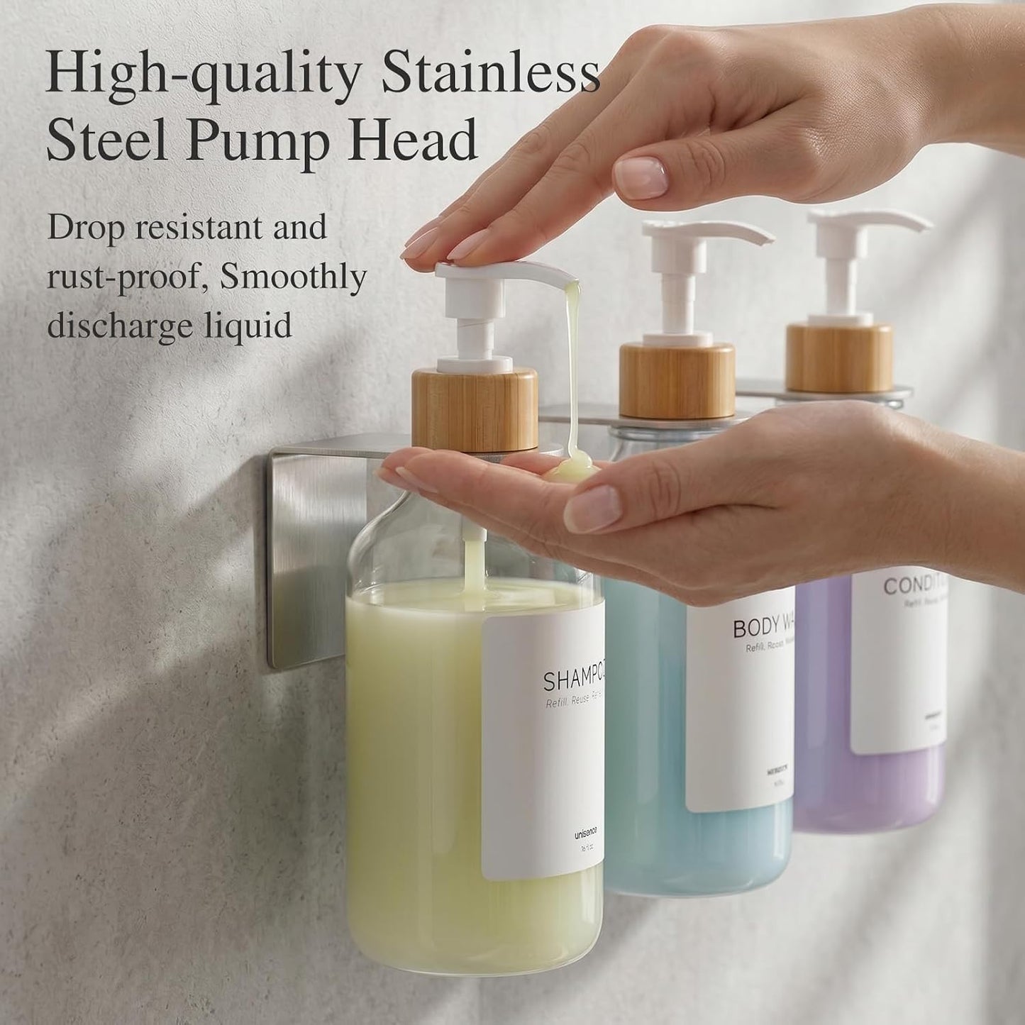 Shampoo and Conditioner Dispenser Wall Mounted Set of 3 - Shampoo Conditioner Body Wash Dispenser No Drill - White Shower Bottles Refillable with Labels and Stainless Steel Pumps 500ML/16.9oz