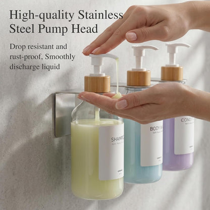 Shampoo and Conditioner Dispenser Wall Mounted Set of 3 - Shampoo Conditioner Body Wash Dispenser No Drill - White Shower Bottles Refillable with Labels and Stainless Steel Pumps 500ML/16.9oz