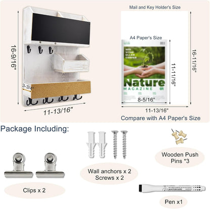Key Holder for Wall Mount with Shelf and Mail Organizer, Key and Mail Holder with 16 Hooks, Farmhouse Entryway Organizer, Home Decor Rack (Pine Wood, White Washed)