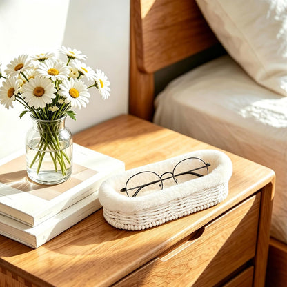 Glasses Holder, Paper Rope Plush Lined Eyeglass Holder Stand, Jewelry Key Tray Storage Organizer for Nightstand, Desk