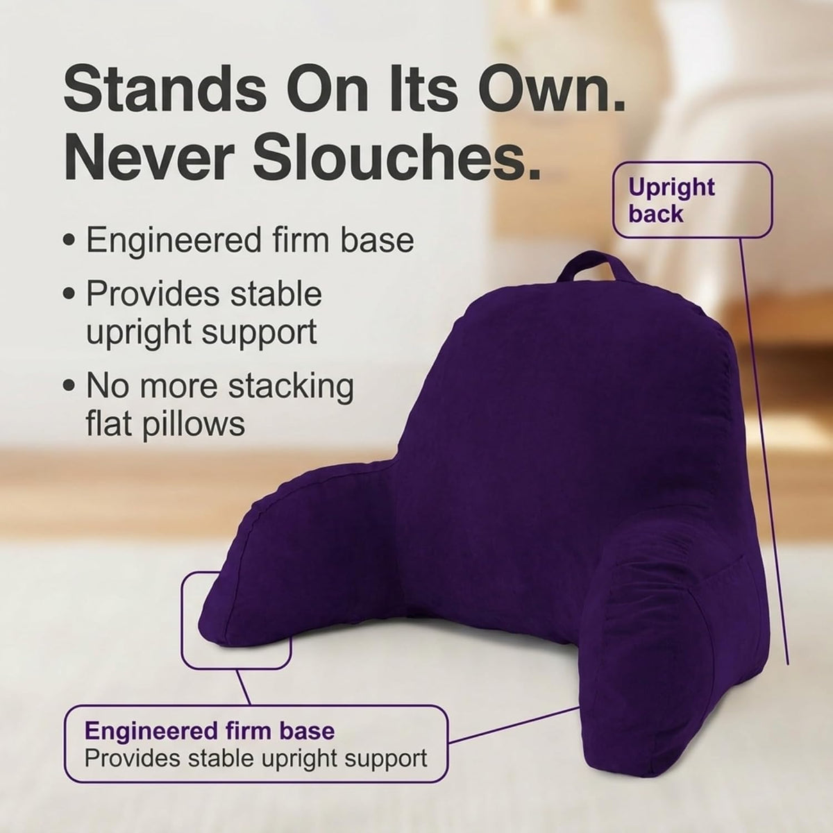 Deluxe Comfort Microsuede Bed Rest - Reading and Bedrest Lounger - Sitting Supprt Pillow - Soft But Firmly Stuffed Fiberfill - Backrest Pillow With Arms, Light Purple