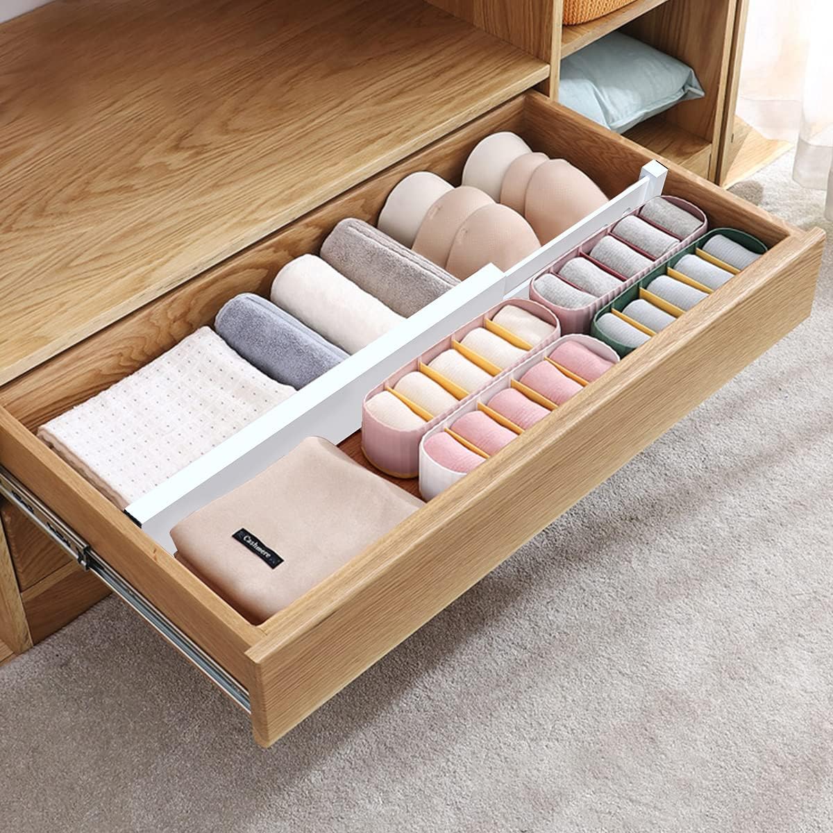 Bamboo Drawer Dividers Organizers, Drawer Separators Splitter,17-22 inches Long Adjustable Spring-loaded Organizer for Large Utensil, Clothes, Tools Drawers(yellow)