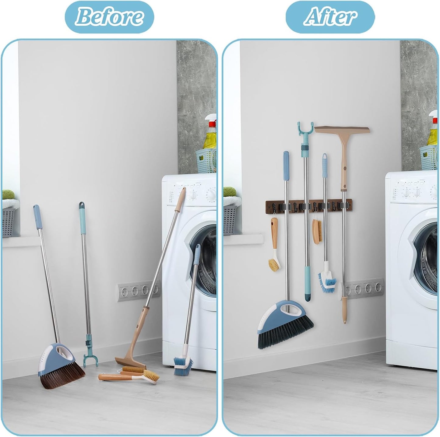 White Broom Holder Wall Mount - Heavy Duty Wood Mop and Broom Organizer with 5 Slots & 4 Hooks - Garden Tool Hanger for Laundry Room Closet Kitchen Garage Storage and Organization - Modern Home Decor