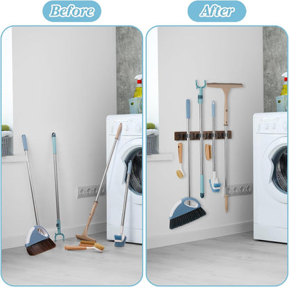 White Broom Holder Wall Mount - Heavy Duty Wood Mop and Broom Organizer with 5 Slots & 4 Hooks - Garden Tool Hanger for Laundry Room Closet Kitchen Garage Storage and Organization - Modern Home Decor