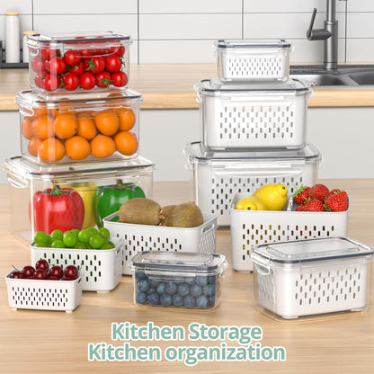 Anysig 8 Pack Fridge Fruit Storage Containers with Removable Colander | Fruit Containers for Fridge with 2 Function Divider Plate, Airtight Storage Container, Dishwasher Safe,Keep Berry Fruit Fresh