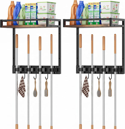 Broom Holder Wall Mount with Shelf, 15.7" Wx6.7 Dx15.7 H, 1 Pack | Load 66LBS, 4 Mop Hanger Grippers, 3 Hooks, for Laundry Room, Garage, Utility Closet, Kitchen