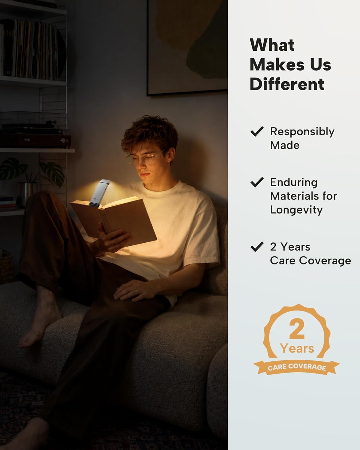 86lux Book Light, Rechargeable Clip-On LED Reading Light for Bed | 3 Color Temperatures with Stepless Dimming, Ultralight Bookmark Design for Book Lovers, Grey
