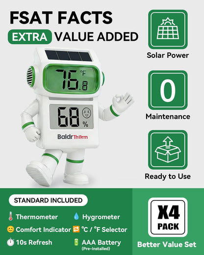 BALDR 4-Pack Digital Hygrometer Thermometer, Solar Humidity Monitor (White) | No Setup Needed,Solar Power with Battery Backup,10s Data Refresh,Comfort Indicator Meter for Home Bedroom Greenhouse Office