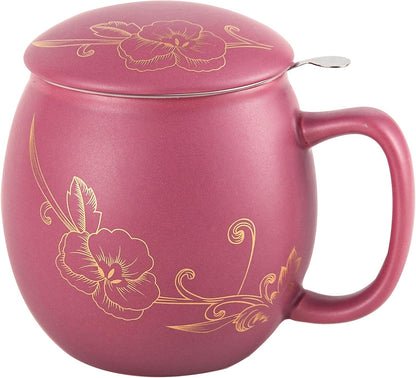Yundu 12 OZ Matte Purple Ceramics Teacup with Infuser and Lid, Mug with Lid for Steeping - Stainless Steel Infuser for Loose Leaf Tea, Home Office Gift for Tea Lovers