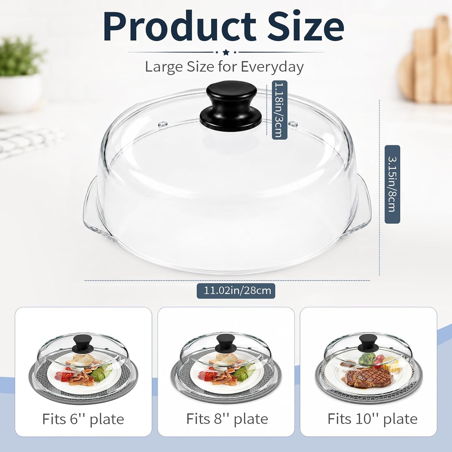 Glass Microwave Cover for Food, Tall Microwave Splatter Cover with Silicone Mat, Vent Holes, BPA Free, Dishwasher Safe, 10 Inch, High Borosilicate Glass Plate Lid with Side Tabs