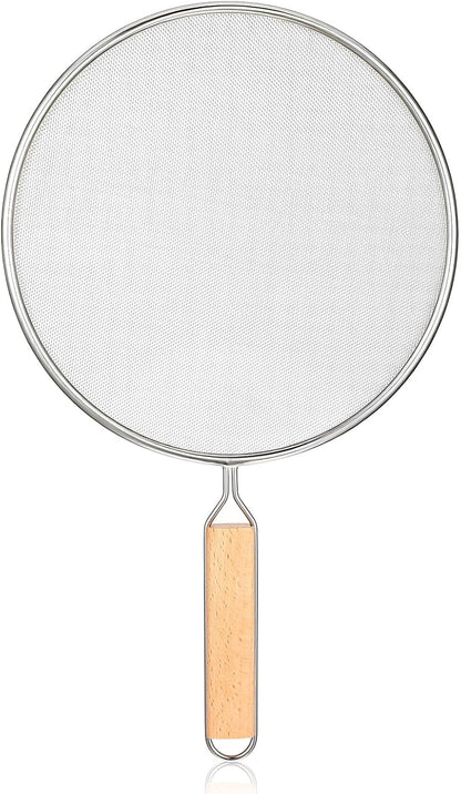 8.3Inch Grease Splatter Screen, Stainless Steel Grease Splatters Guard with Wood Handle Hot Oil Splash Protector Splatter Screen for Frying Pan Kitchen Cooking Gadgets Supplies