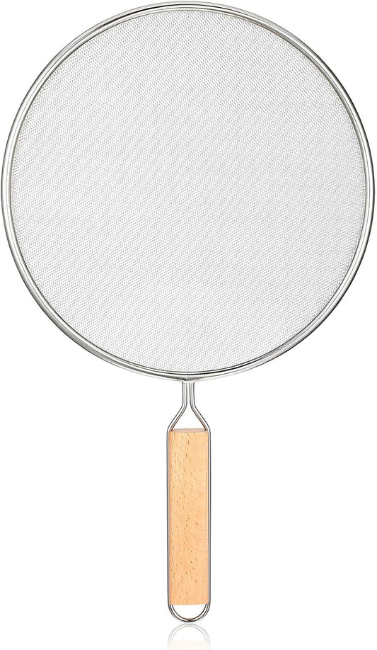 8.3Inch Grease Splatter Screen, Stainless Steel Grease Splatters Guard with Wood Handle Hot Oil Splash Protector Splatter Screen for Frying Pan Kitchen Cooking Gadgets Supplies