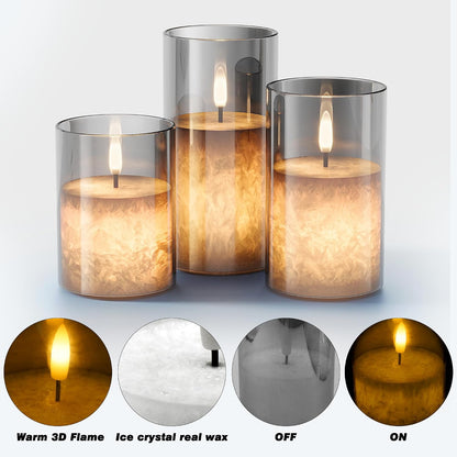 Battery Operated Flameless Candles with Remote & Timer, Gold Glass 3Pack | Real Wax Crystal Texture, D3×H4/5/6", 2/4/6/8H Timer, Dimming, Flickering Realistic LED Candles for Wedding Table Decor