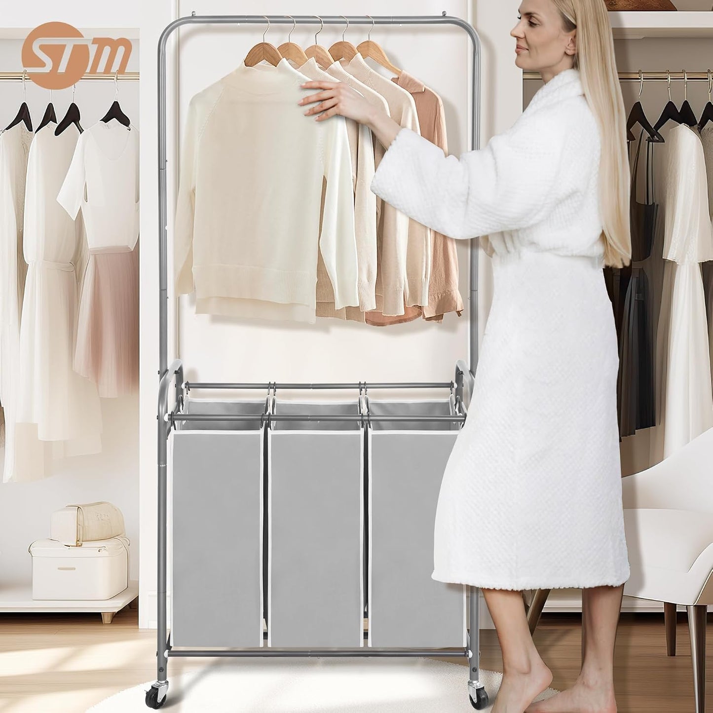 STORAGE MANIAC Laundry Sorter with Hanging Bar, Portable, Removable Laundry Hamper Cart with Heavy Duty Lockable Wheels and Removable Bags, Rolling Laundry Basket Organizer 181L, 4 Section Gray