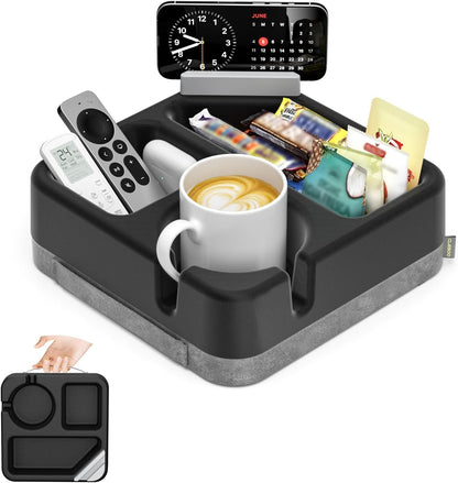 Couch Cup Holder Tray Couch Cup Holder Pillow Soft Sofa Caddy Drink Holder with 3 Compartments &Removable 360°Swivel Phone Stand, Portable Bed Snack Caddy Pillow with Handle for Tablet Controller Grey