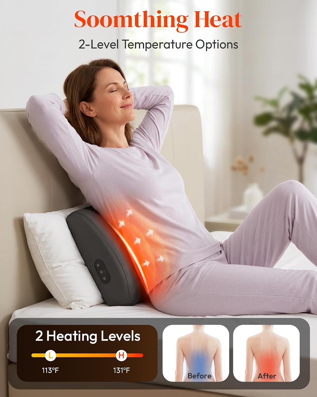 Heycool Heated Lumbar Support Pillow for Office Chair, Back Massager with Heat & Vibration, Ergonomic Lower Back Support Pillow Massage, 3 Modes, 2 Heat Levels, Auto Shut-Off for Home & Office