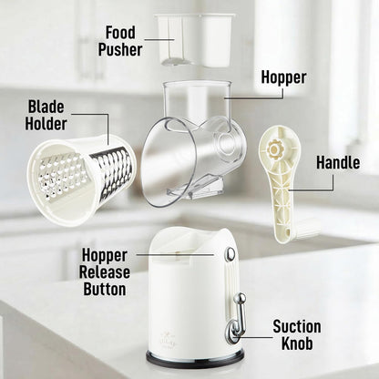 Zulay Kitchen Rotary Cheese Grater 5 Blade Cheese Shredder - Manual Hand Crank Cheese Grater With Reinforced Suction & 5 Interchangeable Drums - Easy to Use, Vegetable Chopper Round Mandoline Slicer - Colors A