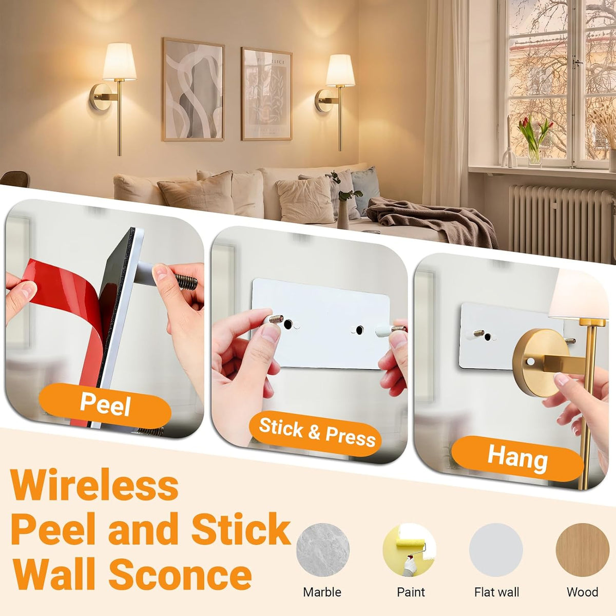 Nekhung Battery Operated Wall Sconce, Peel and Stick Sconces Set of 2