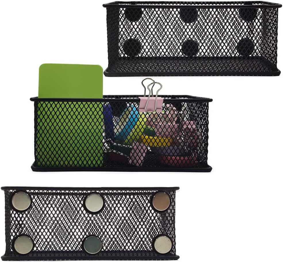 Magnetic Pencil Holder Set of 3 - Black Wire Mesh Storage Baskets Organizer with Strong Magnets - Perfect for Whiteboard, Refrigerator and Locker Accessories