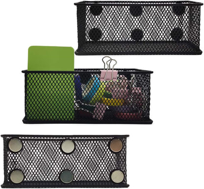 Magnetic Pencil Holder Set of 3 - Black Wire Mesh Storage Baskets Organizer with Strong Magnets - Perfect for Whiteboard, Refrigerator and Locker Accessories