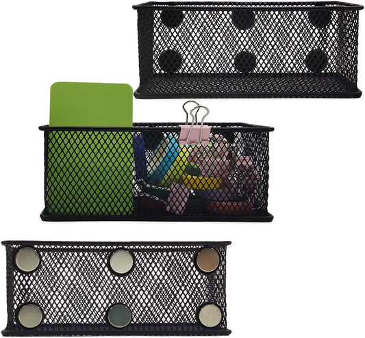 Magnetic Pencil Holder Set of 3 - Black Wire Mesh Storage Baskets Organizer with Strong Magnets - Perfect for Whiteboard, Refrigerator and Locker Accessories