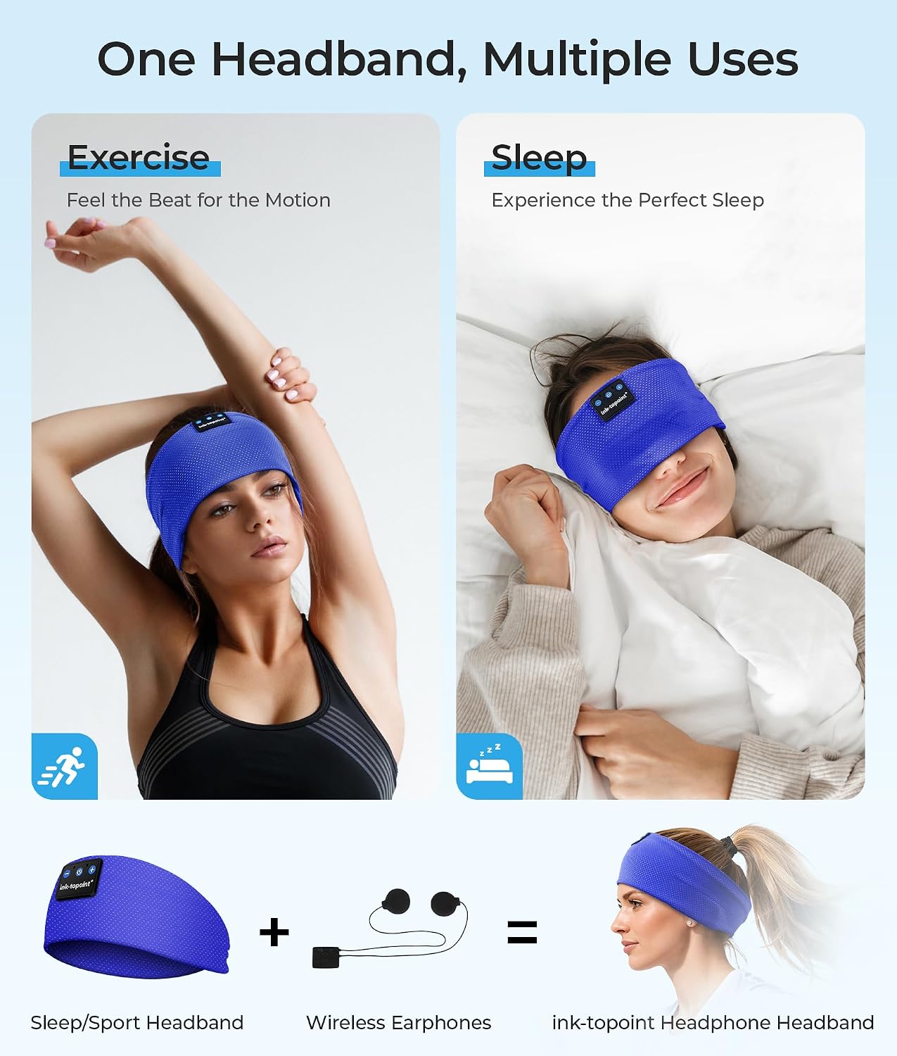 ink-topoint Sleep Headphones Bluetooth Headband, Wireless Sports Earphones | Sleeping Headphone for Side Sleepers with HD Stereo Speakers Breathable Headbands for Running, Yoga, Travel, Women&Men