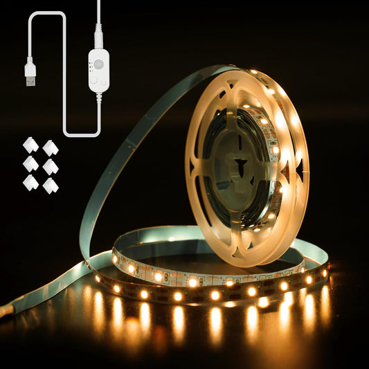 Motion Sensor LED Light Strip, Ultra Warm Yellow 2200K Strip Light USB Powered 16.4ft, Day/Night Modes & Dimming Brightness, Adhesive Tape 5V Free Cutting Rope Lights for Decor