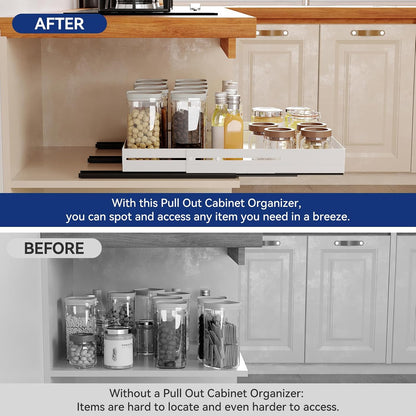 Pull out Cabinet Organizer, Full Metal Expandable Width (14.8"-20.8") & Depth (12.4"-17.7") Adjustable Slide out Drawers, No Drill Adhesive Roll out Shelves for Kitchen Pantry, White