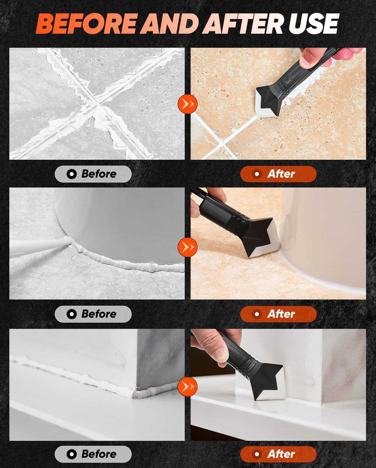 Saker Silicone Caulking Tool 3-in-1 Grout Removal Tool Classic Black | Sealant Finishing Scraper with Stainless Steelhead, Seam Repair Kit for Bathroom, Kitchen, Floor, Window and Sink Joints