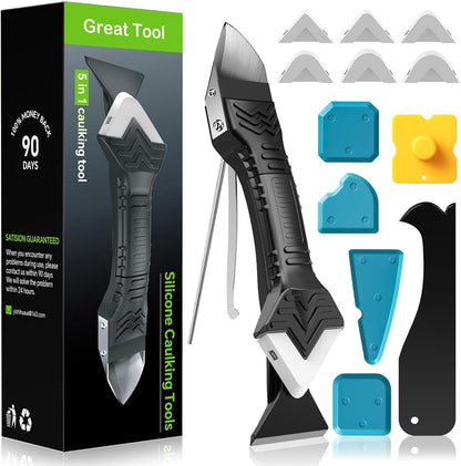 Goopreen 5 in 1 Caulking Tool Silicone Caulking Grout Removal Sealant Finishing Tool with Stainless Steel Head, 6 Replaceable Pads, Gap Seam Repair Kit for Kitchen Bathroom Sink Toilet Caulking