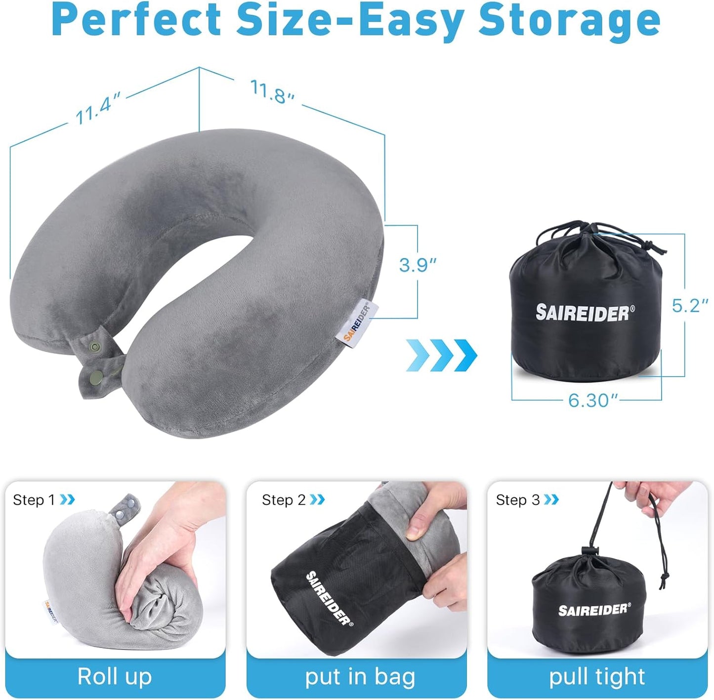 SAIREIDER Travel Pillow 100% Pure Memory Foam Travel Neck Pillow, Airplane Pillow for Traveling、Car、Home、Office，Washable Cover（Black）