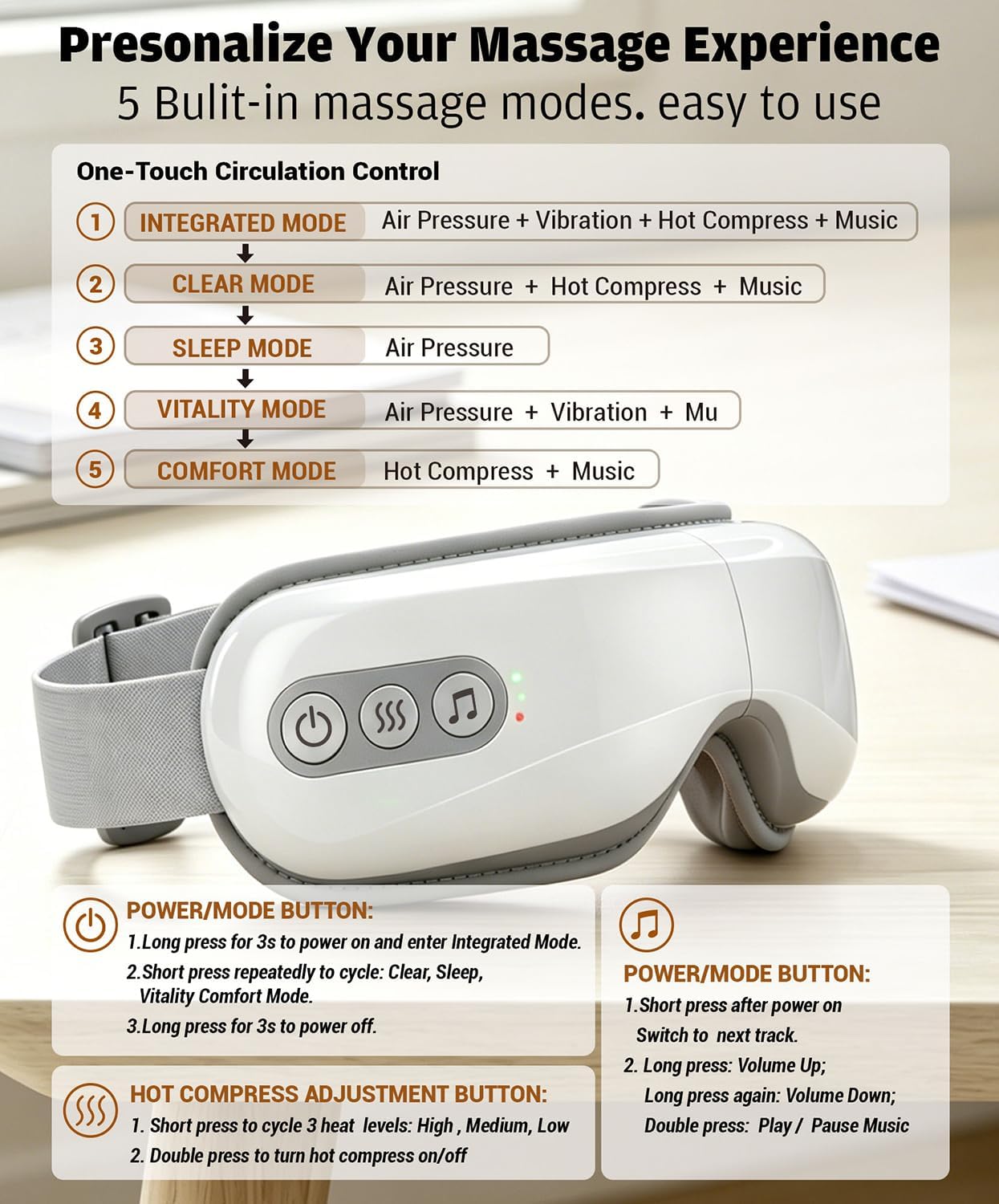 Eye Massager with Heat & Cooling, Cordless Relax Gift | 3 Heat Levels (100-113°F) & Cooling Gel for Dry/Puffy Eyes, 5 Modes, BT Music, Light Block, 1200mAh, Foldable