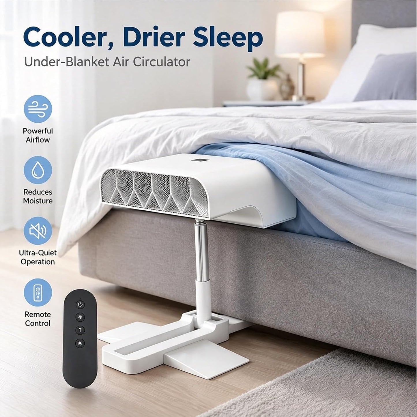 Under Sheet Cooling Fan, Mattress Air Circulator with Portable Remote, 5-Speed Quiet Personal Bedside Ventilator, Height Adjustable 22-53cm Stand, Cordless Sleep Comfort System