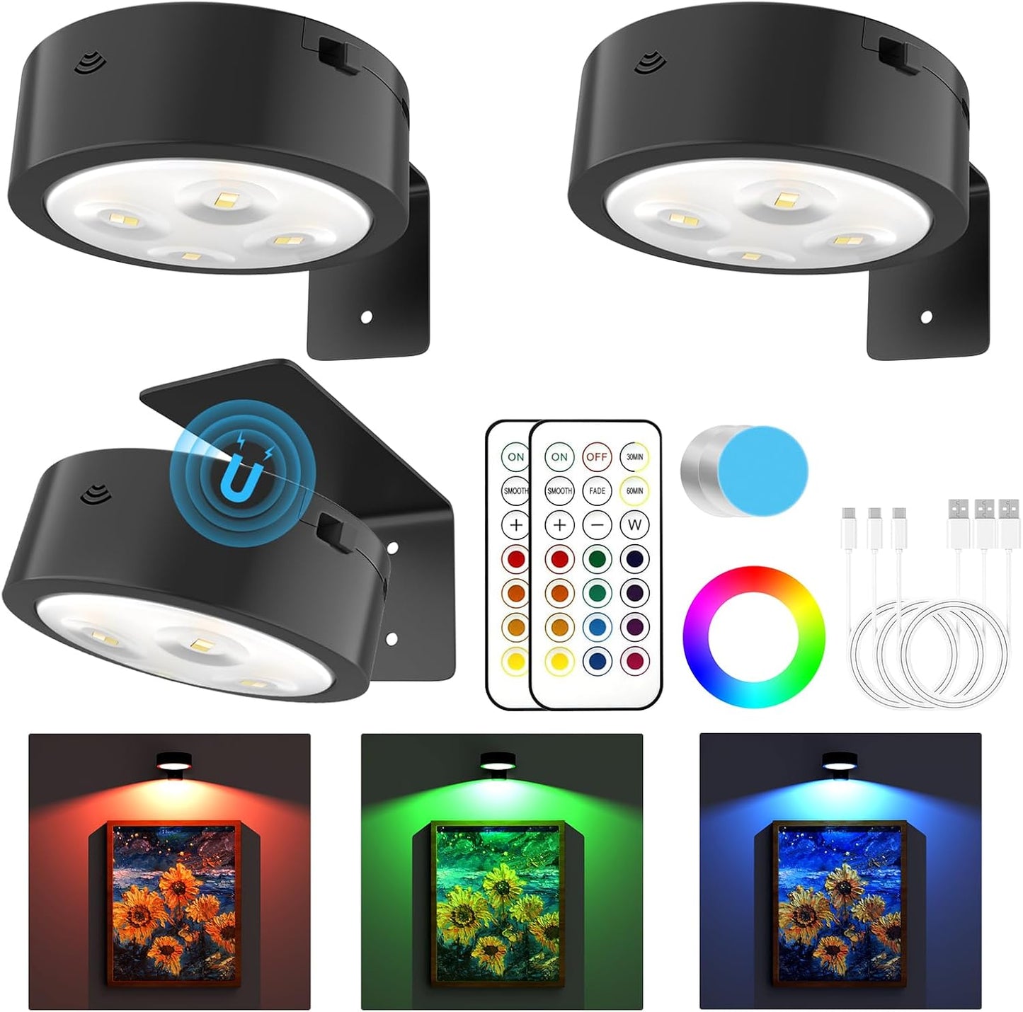 3 Pack Picture Lights for Wall, Rechargeable Battery Operated wall lights, Picture Frame lights with 3 Lighting Modes, Wireless Magnetic Painting Light with Remote Control Timer (White, 3 Pack)