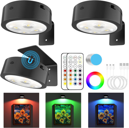 3 Pack Picture Lights for Wall, Rechargeable Battery Operated wall lights, Picture Frame lights with 3 Lighting Modes, Wireless Magnetic Painting Light with Remote Control Timer (White, 3 Pack)