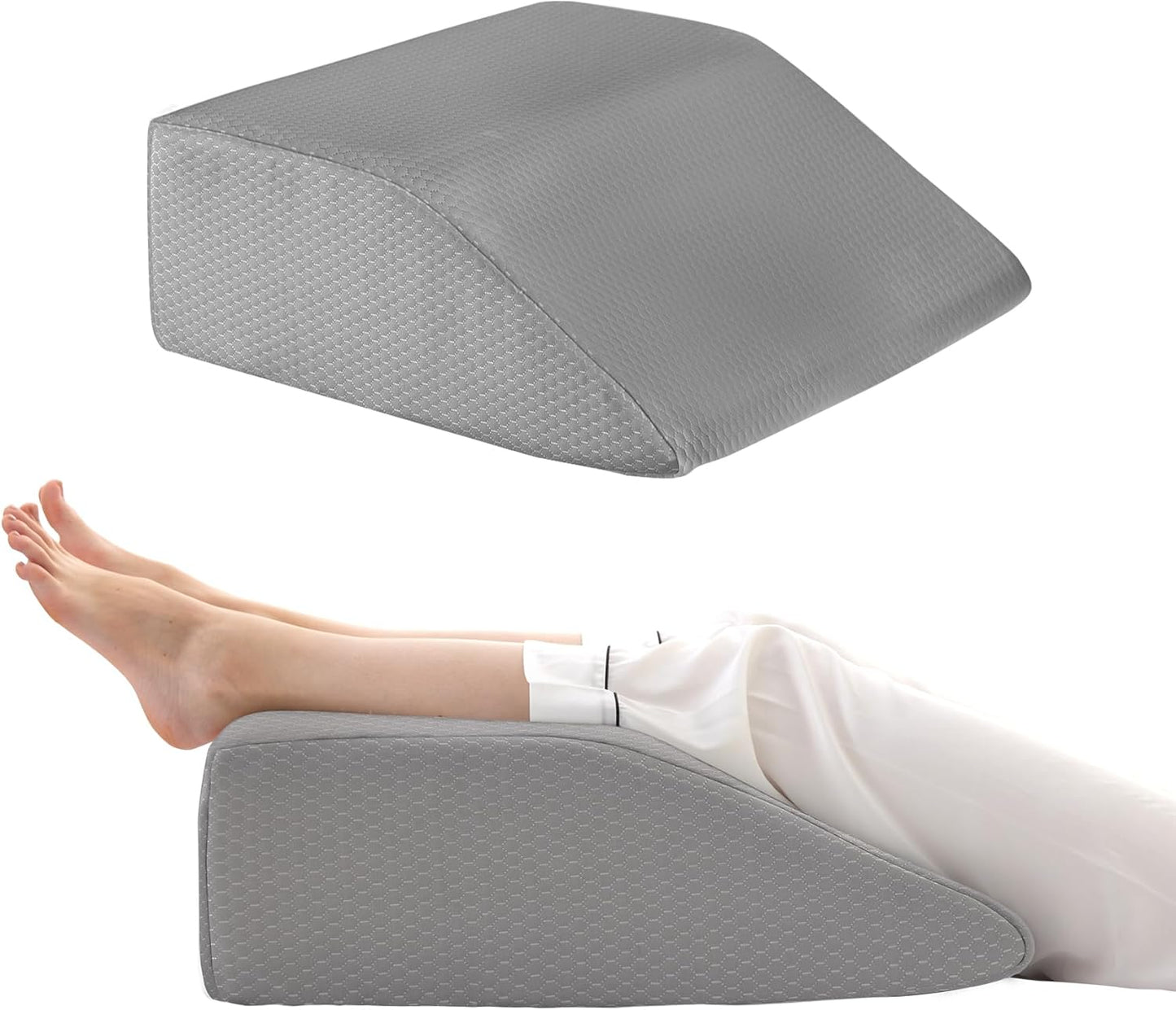 Bedluxe Leg Pillow Elevation Blood Circulation, Wedge Pillow for Legs Swelling, Leg Elevating Wedge Pillow for After Surgery, Foot Knee Pillow for Leg Rest, Sleeping, Memory Foam Top, 8in, White/Grey