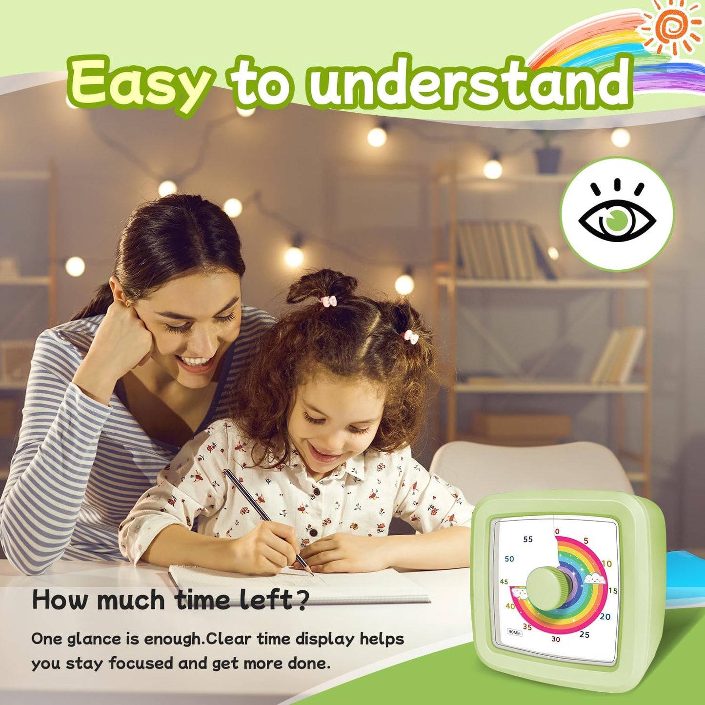 Visual Timer for Kids 60 Minute Countdown Clock – Silent Cube Timer with Rainbow Cloud Design, Plastic Kids Visual Timer, Toddler Timers for Classroom Home Kitchen Study Tools, Green