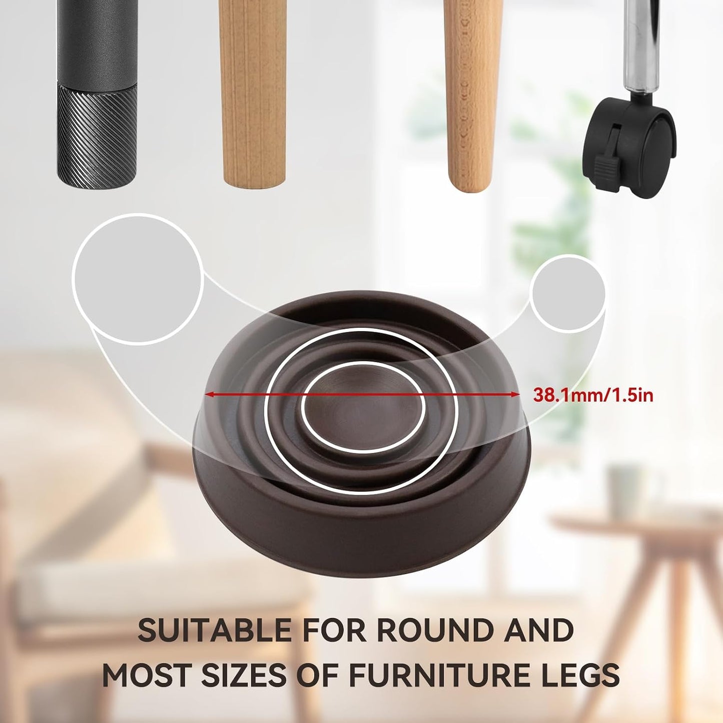 Semetall 1.5 Inch Rubber Caster Cups 8 Pack Black | Non Slip Furniture Coasters Floor Protectors for Bed Couch Table Chair