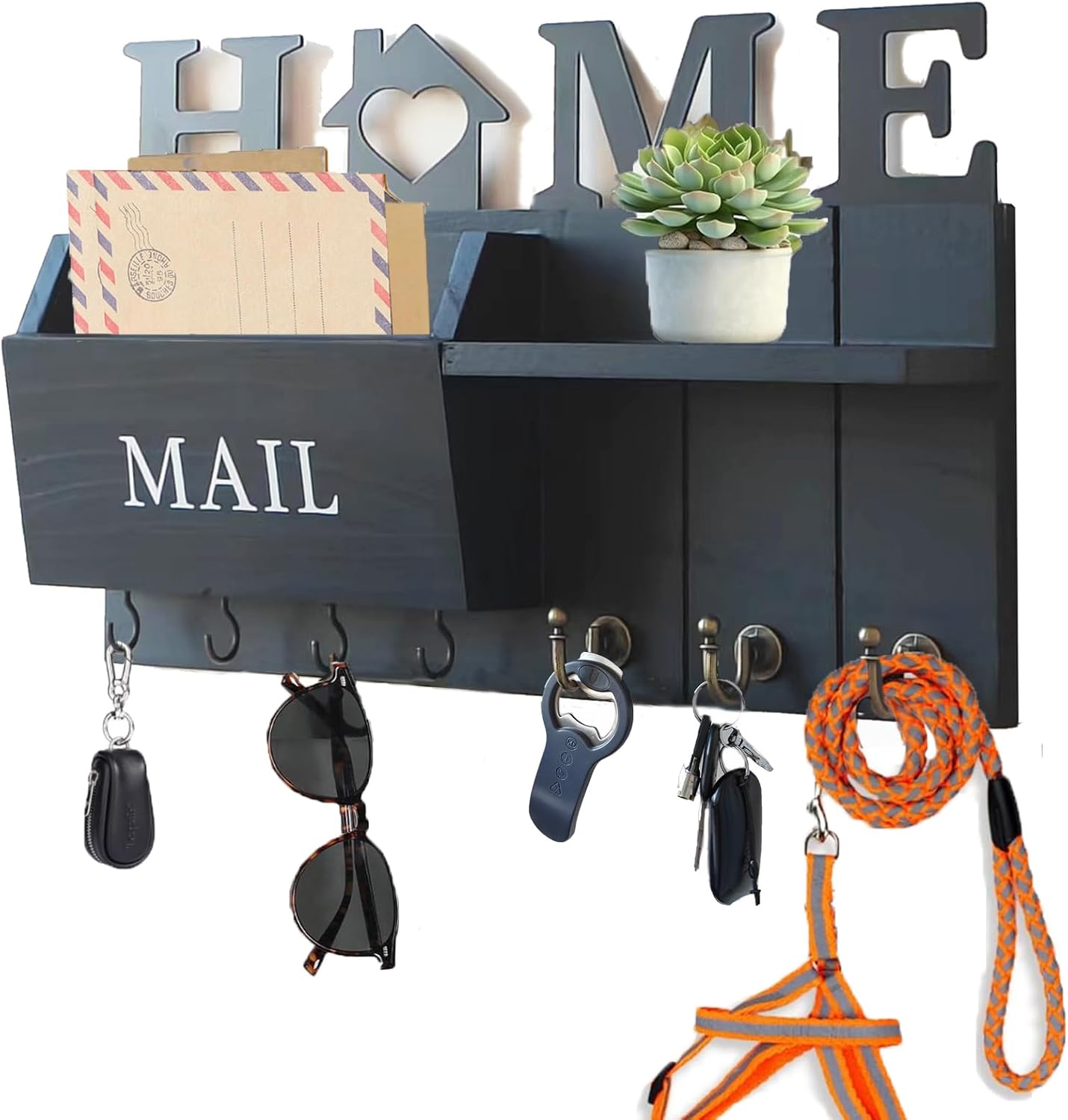 Rustic Wall Key Holder with Shelf & Hooks - Mail Organizer for Entryway | Wooden Key Rack for Keys, Coats, Dog Leash - Brown
