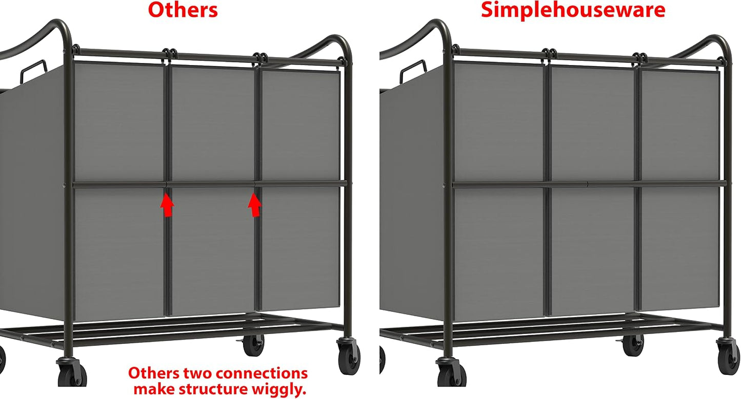 Simple Houseware Heavy Duty 3-Bag Laundry Sorter Rolling Cart, Dark Grey | Removable Bags and Lockable Wheels for Laundry Room Organization