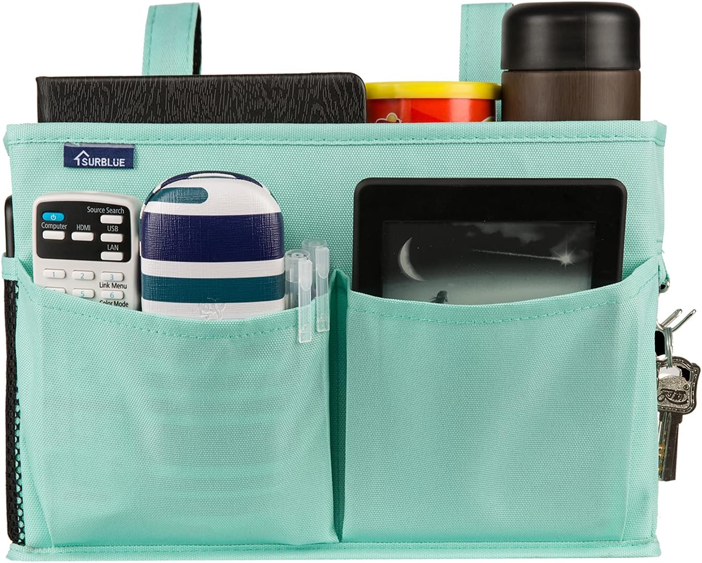 Surblue Bedside Caddy Hanging Organizer Storage Bag Pocket for Bunk, Hospital, College Dorm Rooms, Baby Bed Rails, Camp - 4 Pockets, 2 Hooks (Blue)