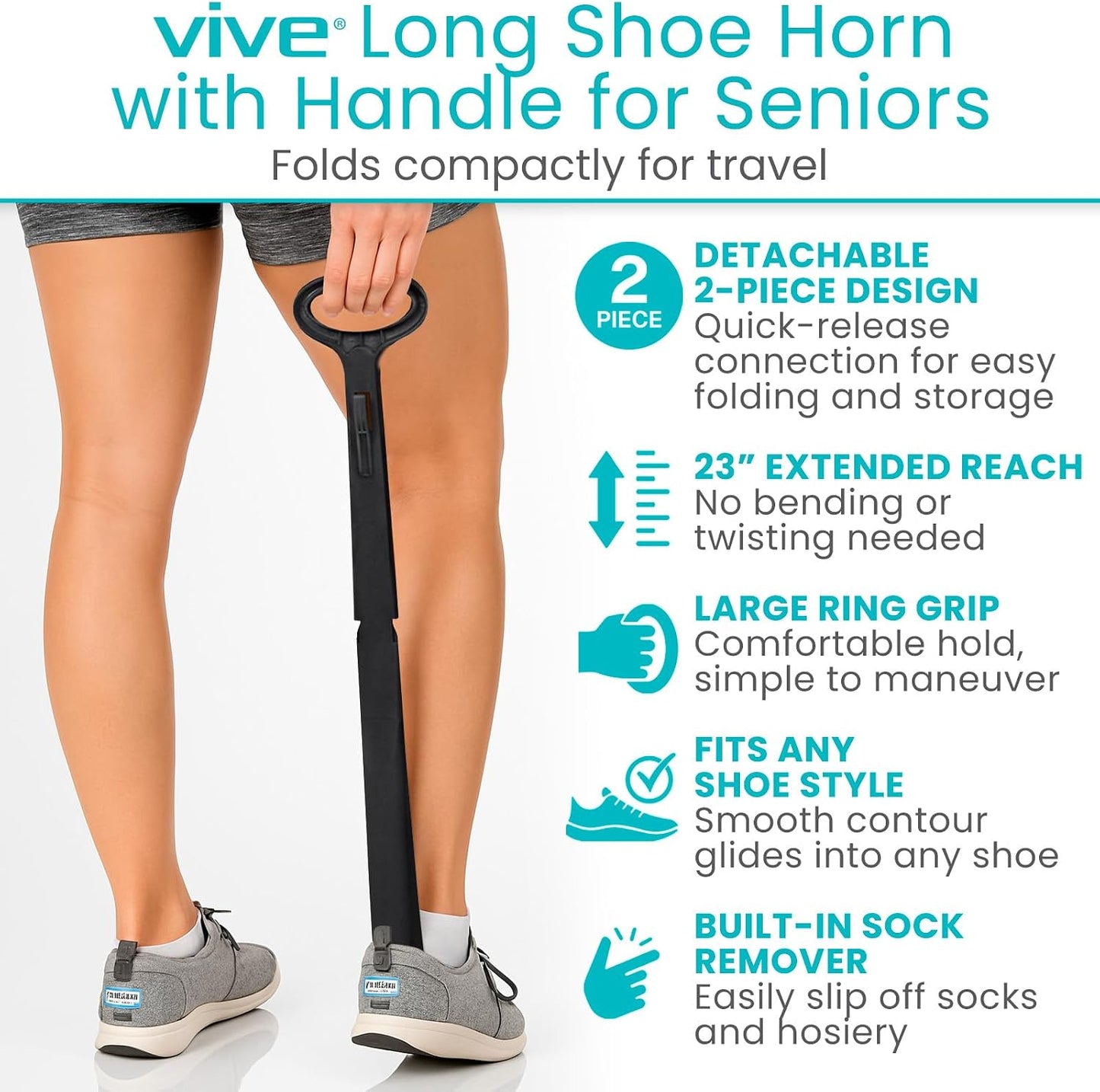 Vive Long Shoehorn for Seniors with Handle 23" | Sock Remover, Long Handled for Men & Women, Boot Shoe Helper and Sock Aid, Extra Reach, Patent-Pending Foldable