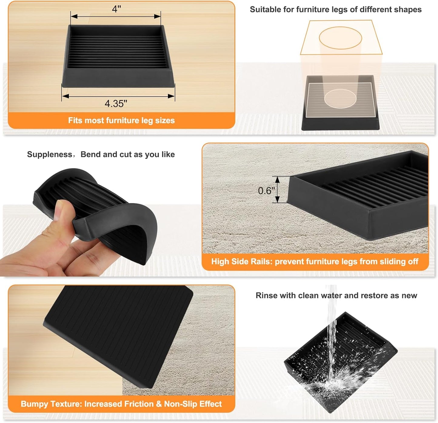 xxxHOLIC Rubber Non Slip Furniture Pads, 2" Black Round, Set of 4 | Furniture Grippers for Hardwood Floors, Anti Skid Caster Cups, Bed Frame & Couch Stoppers, Floor Protectors for Heavy Duty