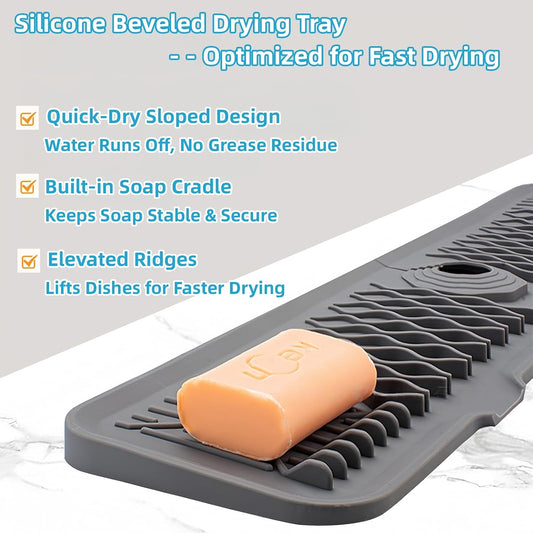 Silicone Faucet Handle Drip Catcher Beveled Drying Tray Mat Dish Soap Sponge Holder Accessories Gadgets for Kitchen Counter Bathroom Kitchen Sink Splash Guard (16.9")