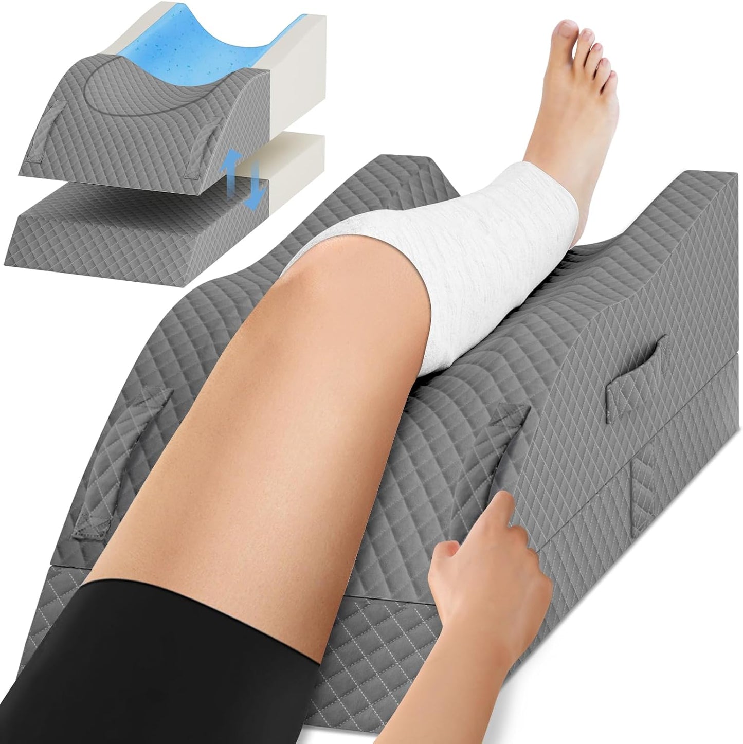 TranquilRelax Leg Elevation Pillows for After Surgery, Wedge Pillow, Grey | Memory Foam, All-around Knee & Ankle Support for Swelling, Height-adjustable, Nop-Slip Bottom, Washable Cover, Single-leg
